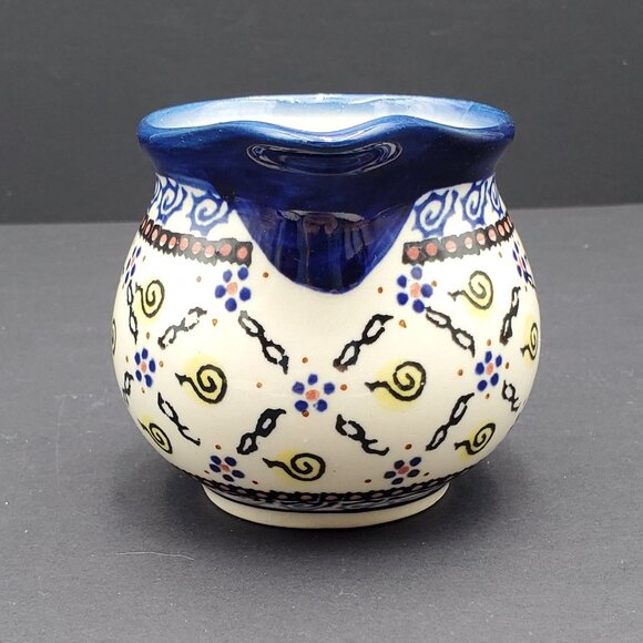 Polish Pottery Bubble Creamer Boleslawiec Blue Yellow Swirl Small Pitcher - Picture 3 of 8